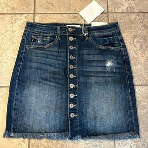 Kancan Distressed Denim Mini Skirt Button Fly Down Fringe Sz Medium NWT